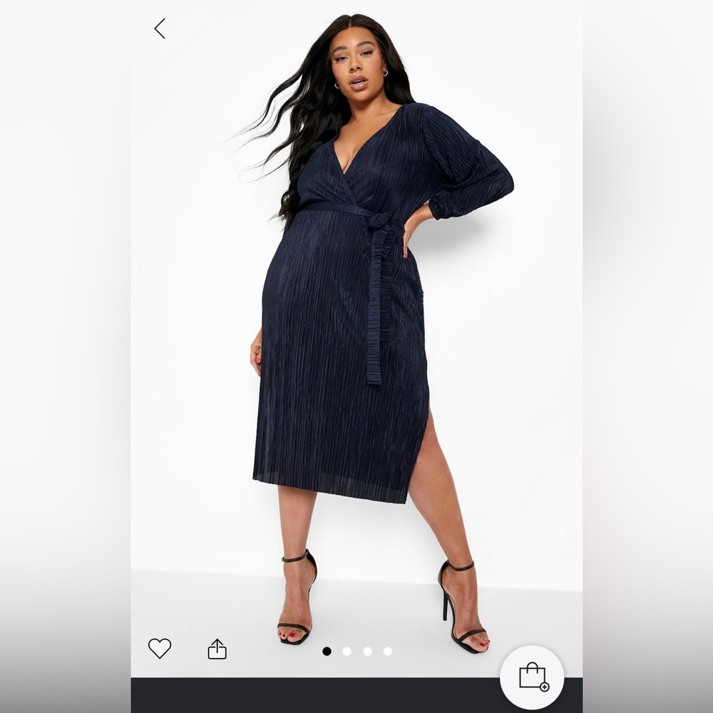 BOOHOO Plus Plisse Tie Belt Wrap Midi Dress Navy Size 22